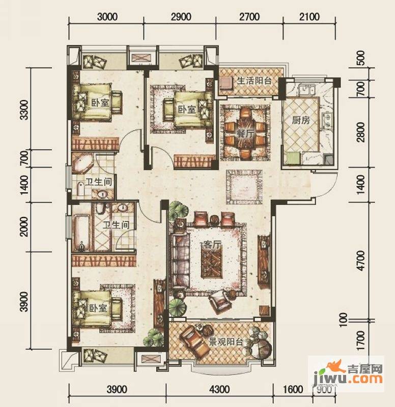 兴进上郡3室2厅2卫135.7㎡户型图