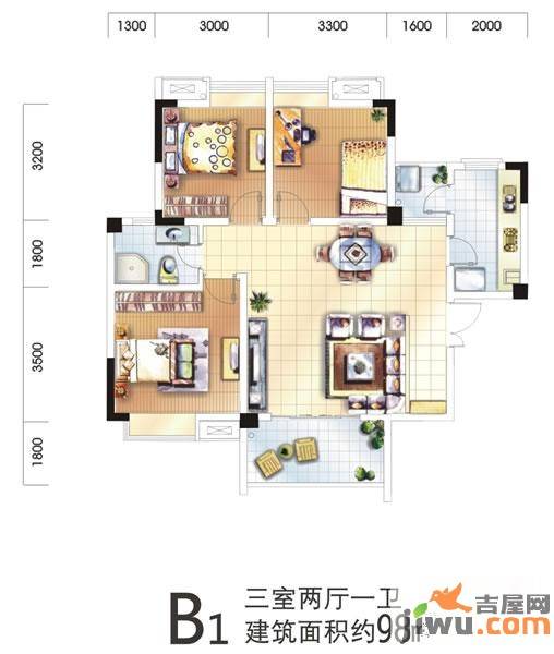 银领时代3室2厅1卫98㎡户型图