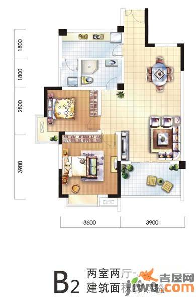 银领时代2室2厅1卫90㎡户型图