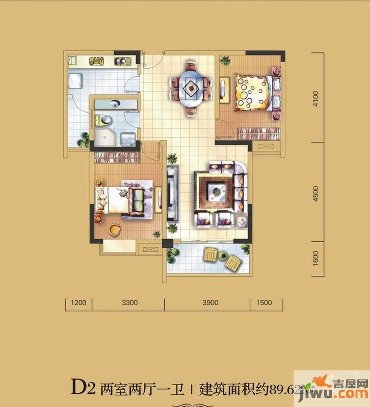 银领时代2室2厅1卫89.6㎡户型图