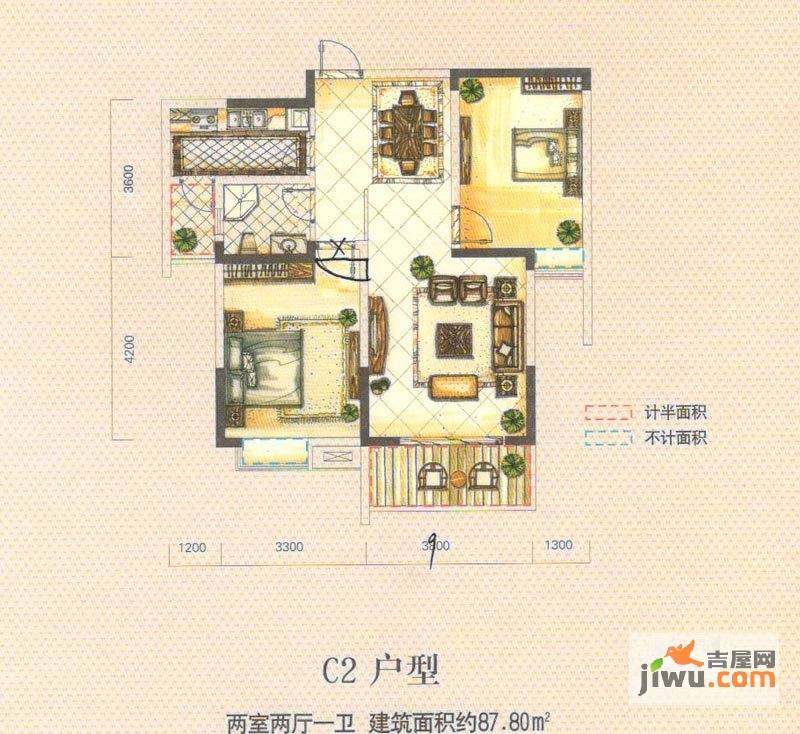 银领时代2室2厅1卫87.8㎡户型图