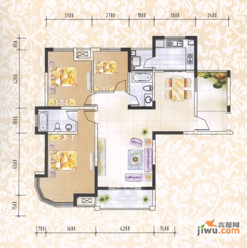 海洲景秀世家3室2厅2卫126.1㎡户型图