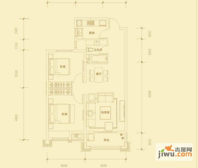 紫御府2室2厅1卫89.4㎡户型图