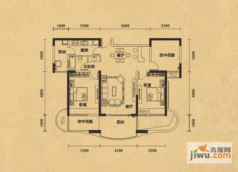 华地公馆2室2厅1卫113㎡户型图