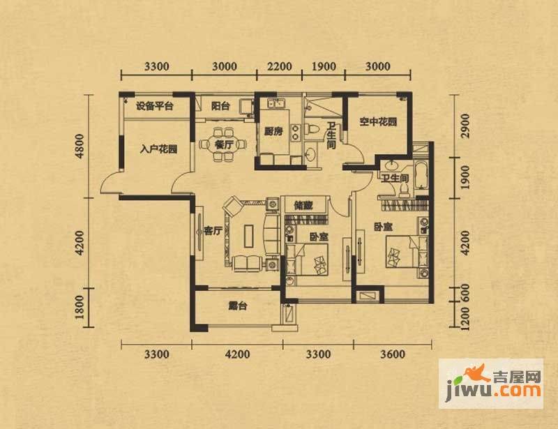 华地公馆2室2厅2卫114.8㎡户型图