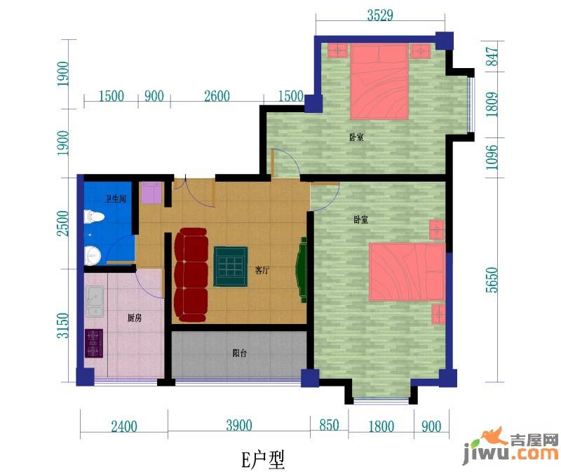 祁连山宇臻大厦2室2厅1卫95.9㎡户型图