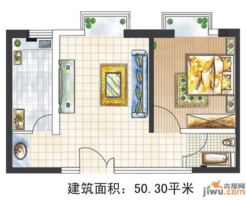 亚太嘉园1室1厅1卫50.3㎡户型图