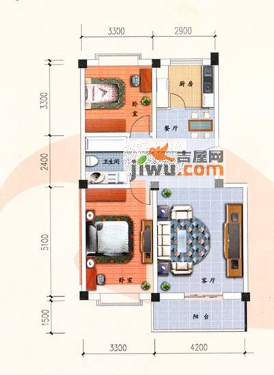 九洲城A区2室2厅1卫95㎡户型图