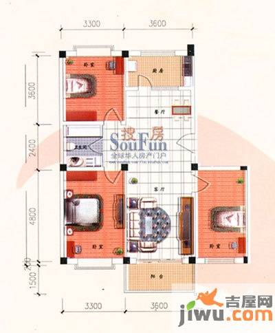 九洲城A区3室2厅1卫108㎡户型图