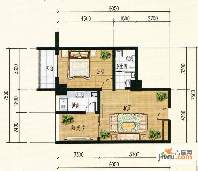 盛贸华府1室1厅1卫81.4㎡户型图