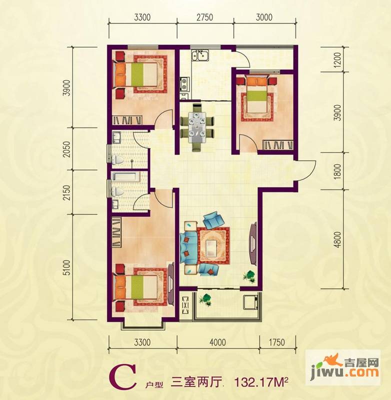 鑫龙湾3室2厅2卫134.5㎡户型图