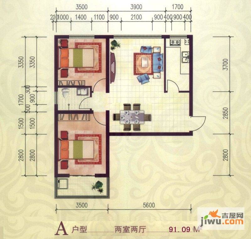 鑫龙湾2室2厅1卫91.1㎡户型图