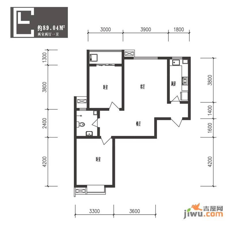 竹境2室2厅1卫89㎡户型图