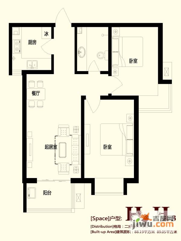 香格里2室2厅1卫89㎡户型图