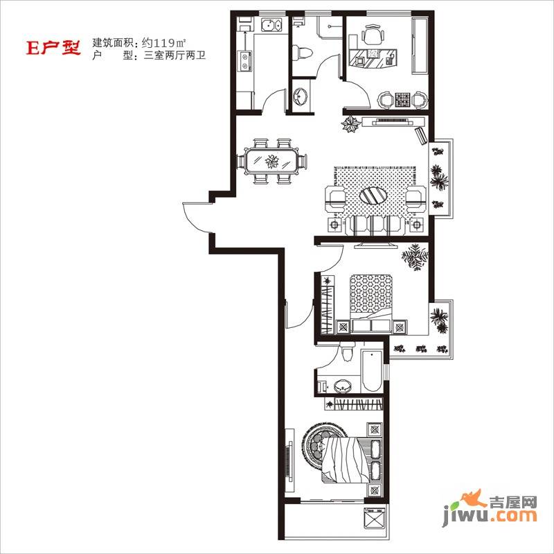 国粹3室2厅2卫119㎡户型图