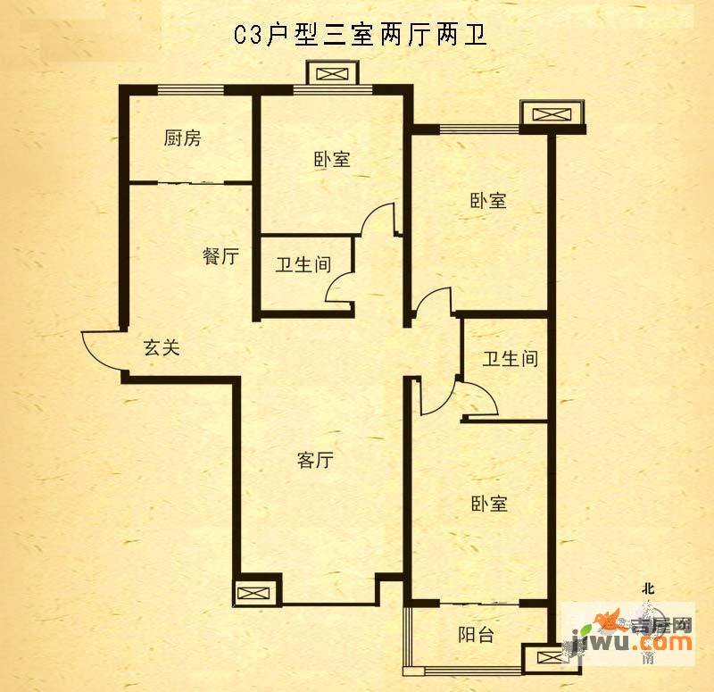 盛华园3室2厅2卫130.4㎡户型图