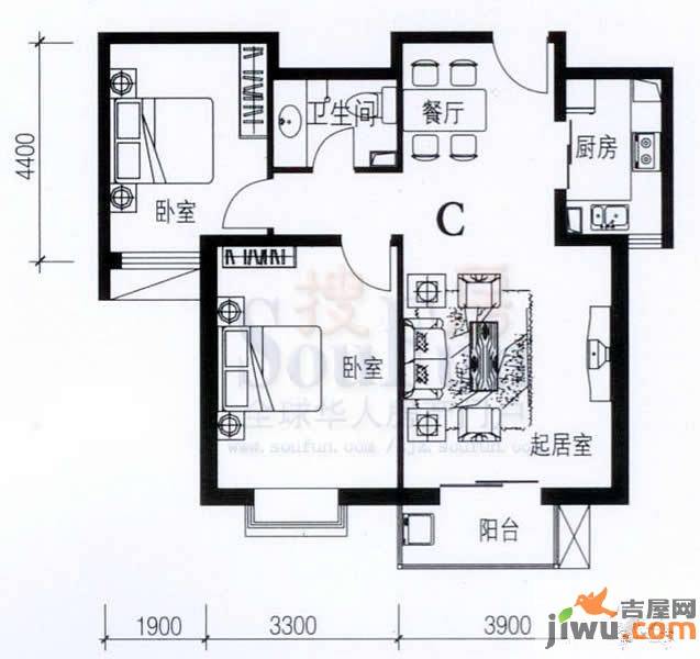 卓达太阳城2室2厅1卫91.1㎡户型图