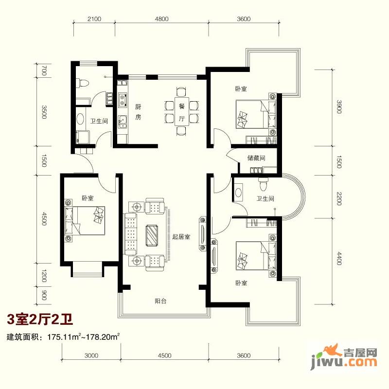 卓达星辰花园3室2厅2卫178.2㎡户型图