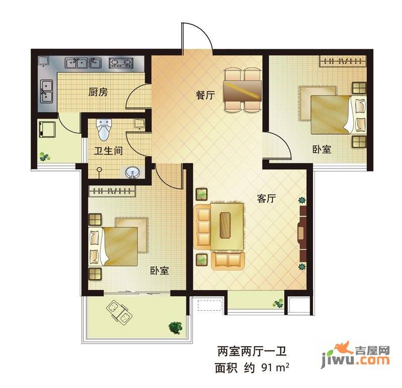 达世地产壹江城2室2厅1卫91㎡户型图