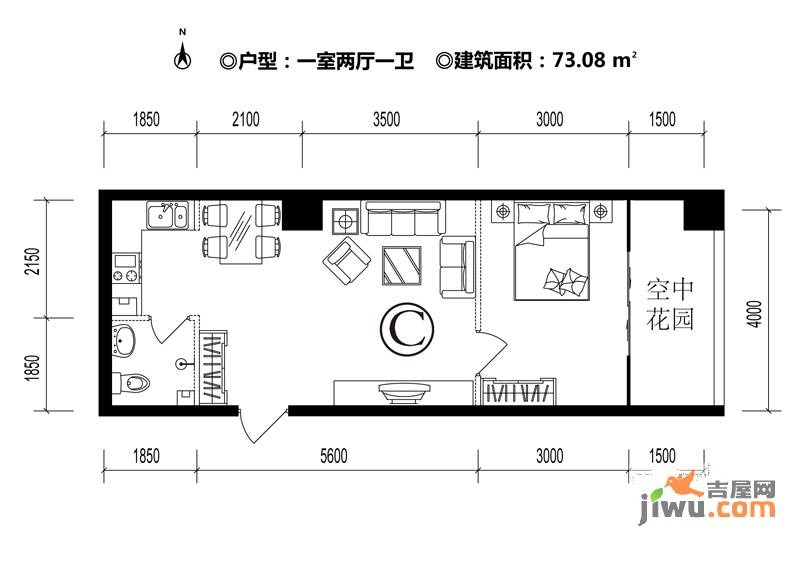 SOHO前程1室2厅1卫73.1㎡户型图