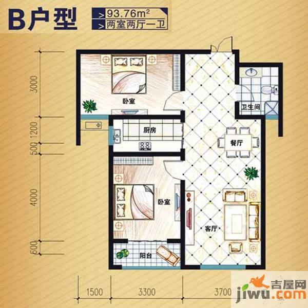 水印莱茵2室2厅1卫93.8㎡户型图