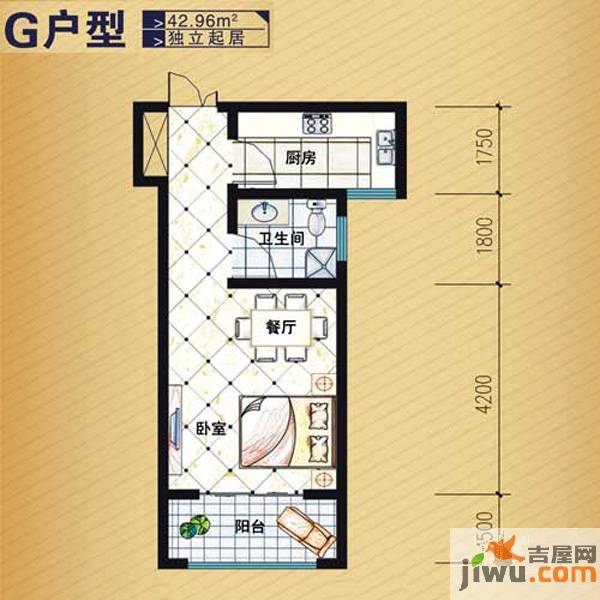 水印莱茵1室1厅1卫43㎡户型图