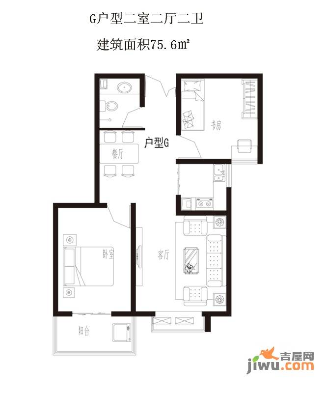 水印莱茵2室2厅2卫75.6㎡户型图