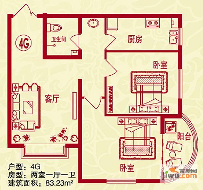 金桥水岸2室1厅1卫83.2㎡户型图