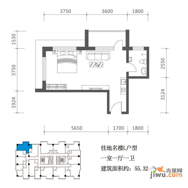 佳地佳座1室1厅1卫55.3㎡户型图