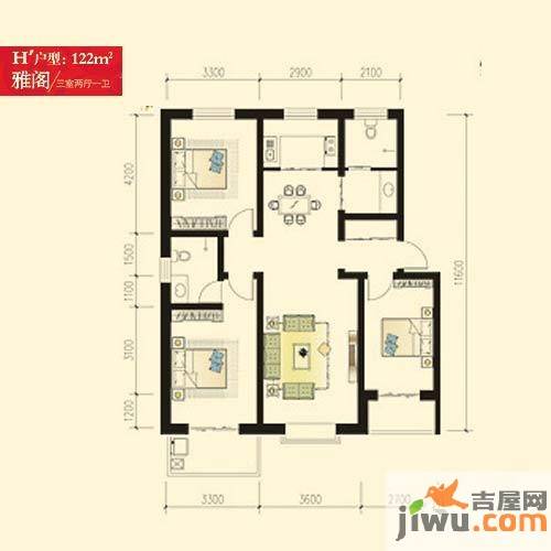 旭丰惬意空间3室2厅1卫122㎡户型图