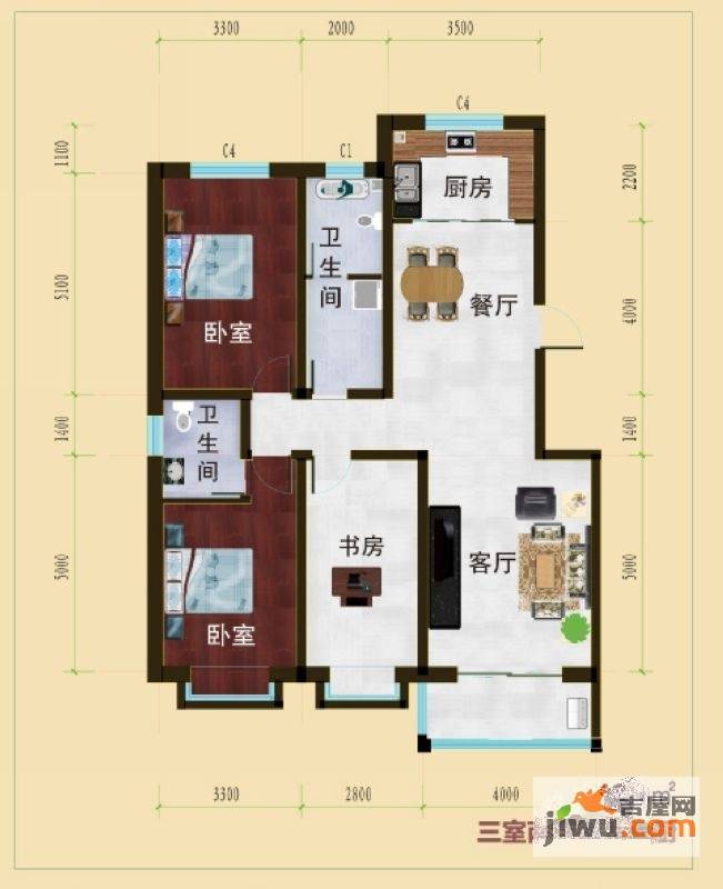 御湖国际3室2厅2卫130㎡户型图