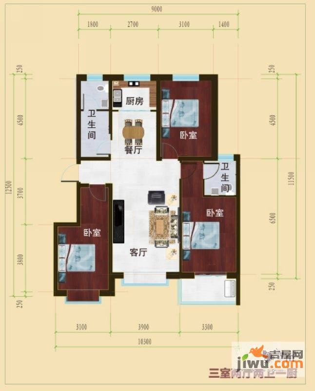 御湖国际3室2厅2卫115㎡户型图