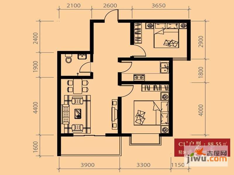 旭丰惬意空间2室1厅1卫88.5㎡户型图