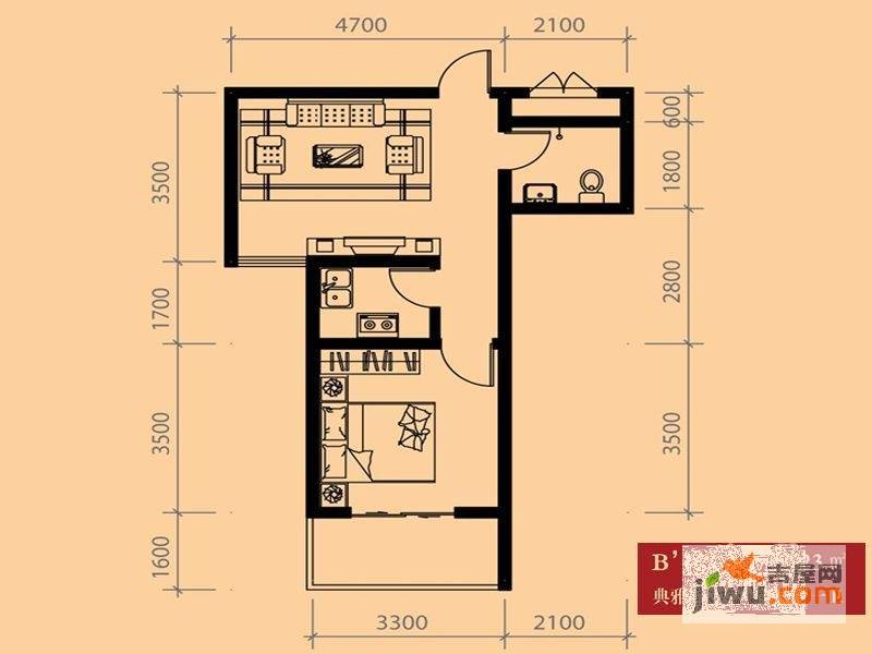 旭丰惬意空间1室1厅1卫56.2㎡户型图