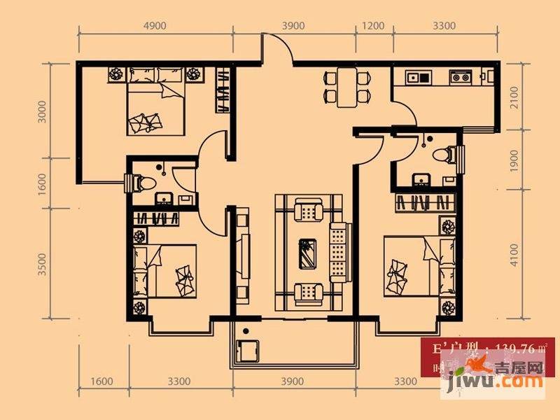 旭丰惬意空间3室2厅2卫130.8㎡户型图