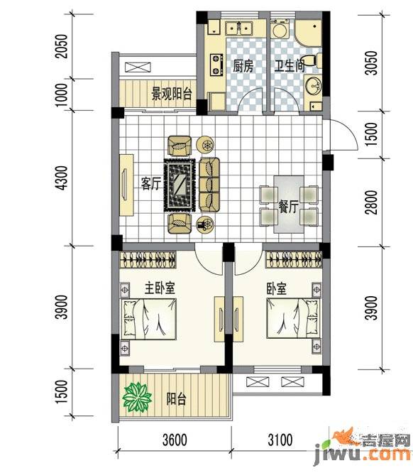 南岸花城2室2厅1卫88.7㎡户型图