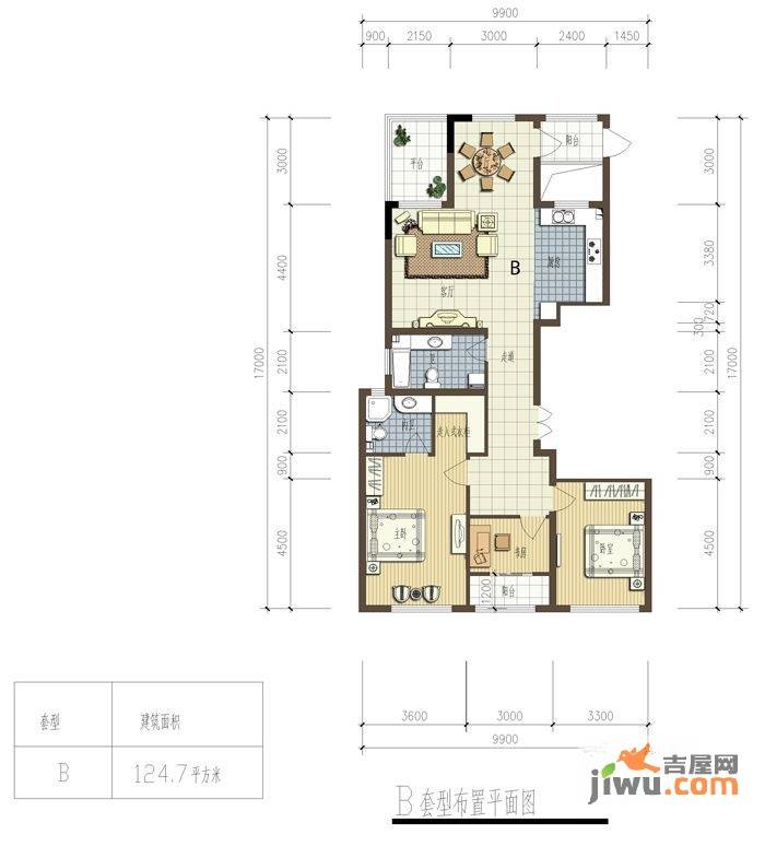 银马公寓3室2厅2卫124.7㎡户型图