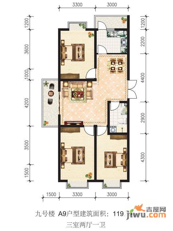 蓝山公馆3室2厅1卫120㎡户型图