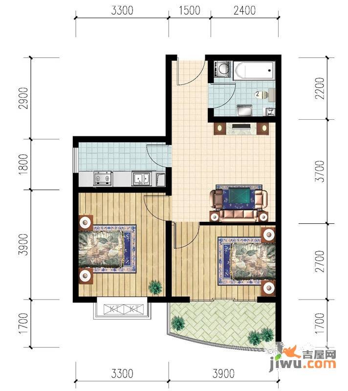 QQ新城2室1厅1卫75.2㎡户型图