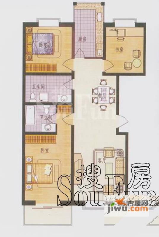 金色丽城3室2厅2卫134㎡户型图