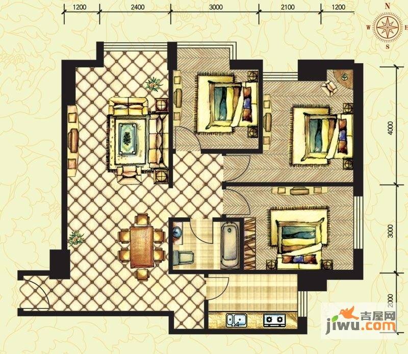 滨江花园3室2厅1卫105.3㎡户型图