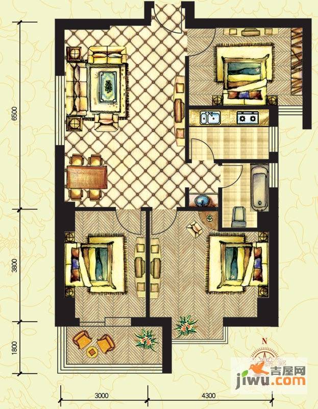 滨江花园3室2厅1卫104.2㎡户型图