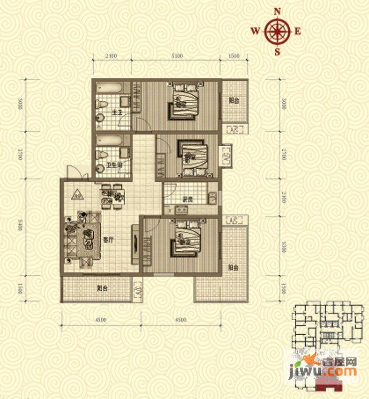 鸿瑞佳园3室2厅2卫129.7㎡户型图