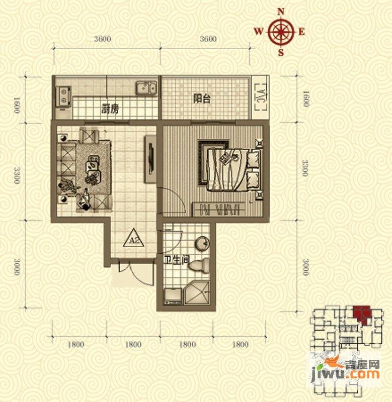 鸿瑞佳园1室1厅1卫49.8㎡户型图