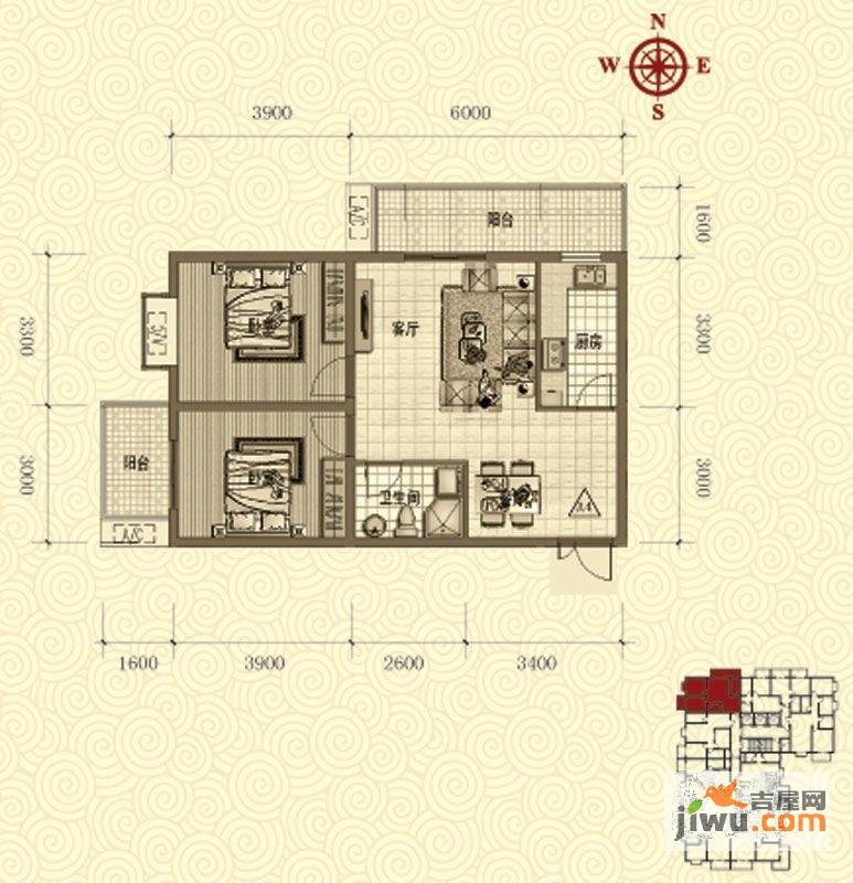 鸿瑞佳园2室2厅1卫90.5㎡户型图