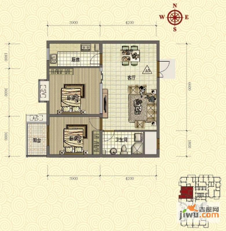 鸿瑞佳园2室2厅1卫85.4㎡户型图