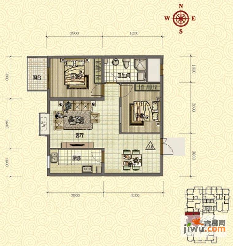 鸿瑞佳园2室2厅1卫85.4㎡户型图