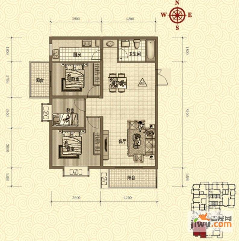 鸿瑞佳园3室2厅1卫109.8㎡户型图