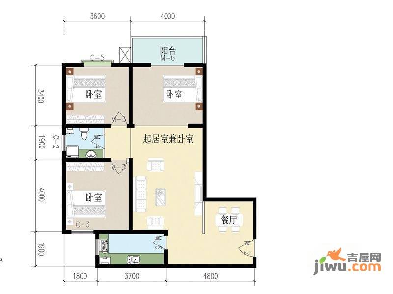 汇通丽城3室2厅1卫124.1㎡户型图