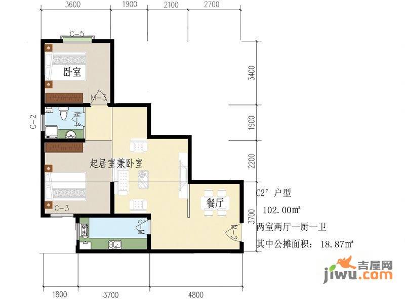 汇通丽城2室2厅1卫102㎡户型图